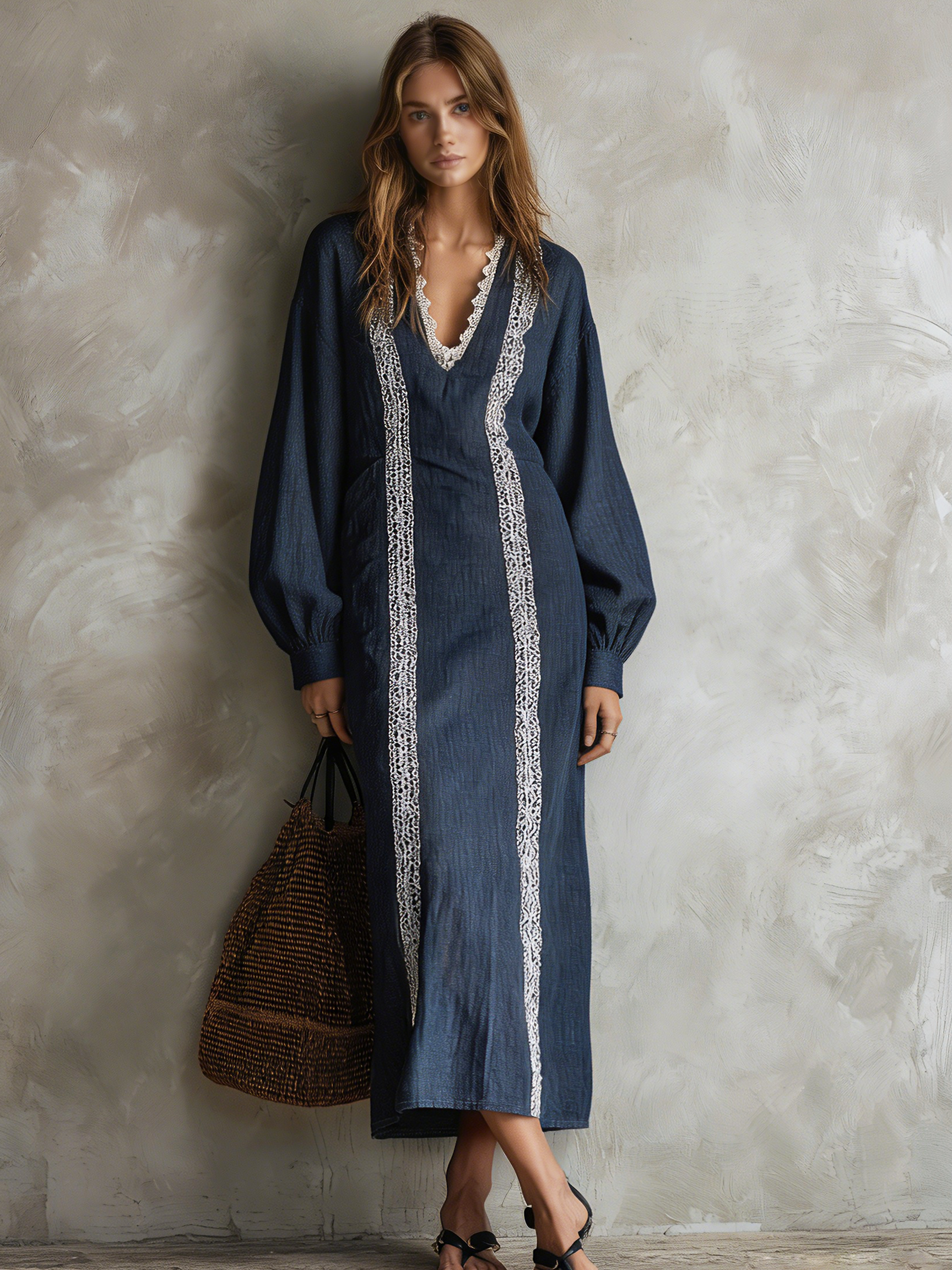 Women's Casual Long-sleeved Maxi Dress In Dark Blue Cotton-linen Blend With Lace Detailing MDZ2923G0LXY