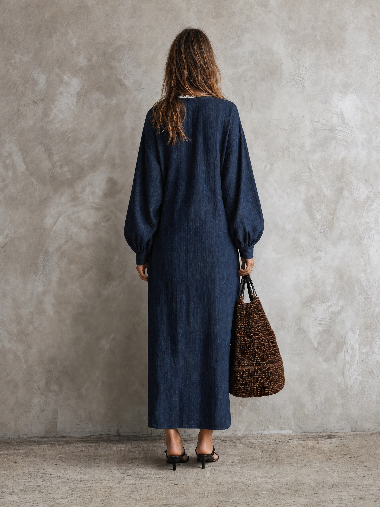 Women's Casual Long-sleeved Maxi Dress In Dark Blue Cotton-linen Blend With Lace Detailing MDZ2923G0LXY