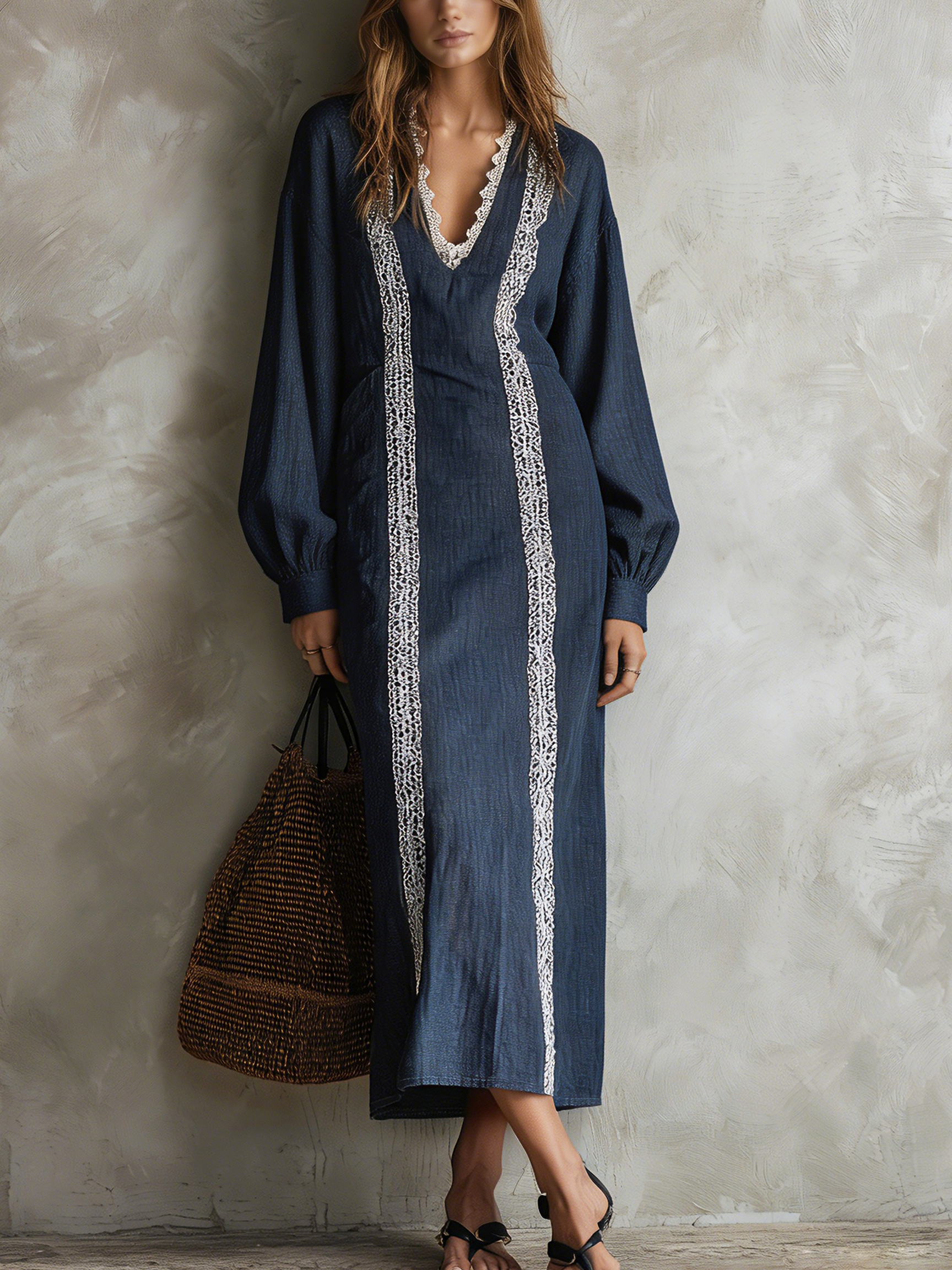 Women's Casual Long-sleeved Maxi Dress In Dark Blue Cotton-linen Blend With Lace Detailing MDZ2923G0LXY