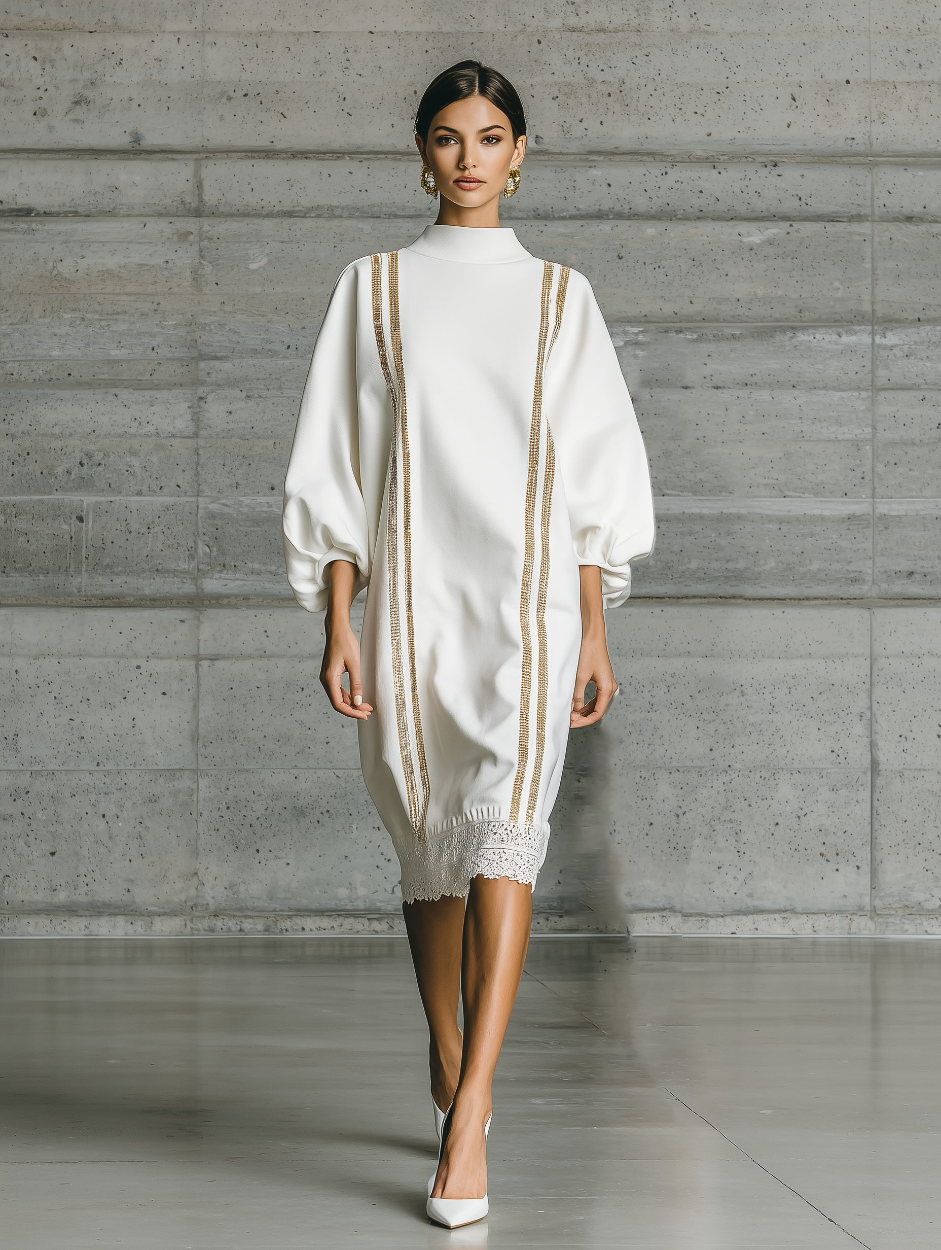 Women'S Elegant White Stand‑Collar Balloon Sleeve Dress With Gold Webbing & Lace Hem MDZ2908G8YZJ