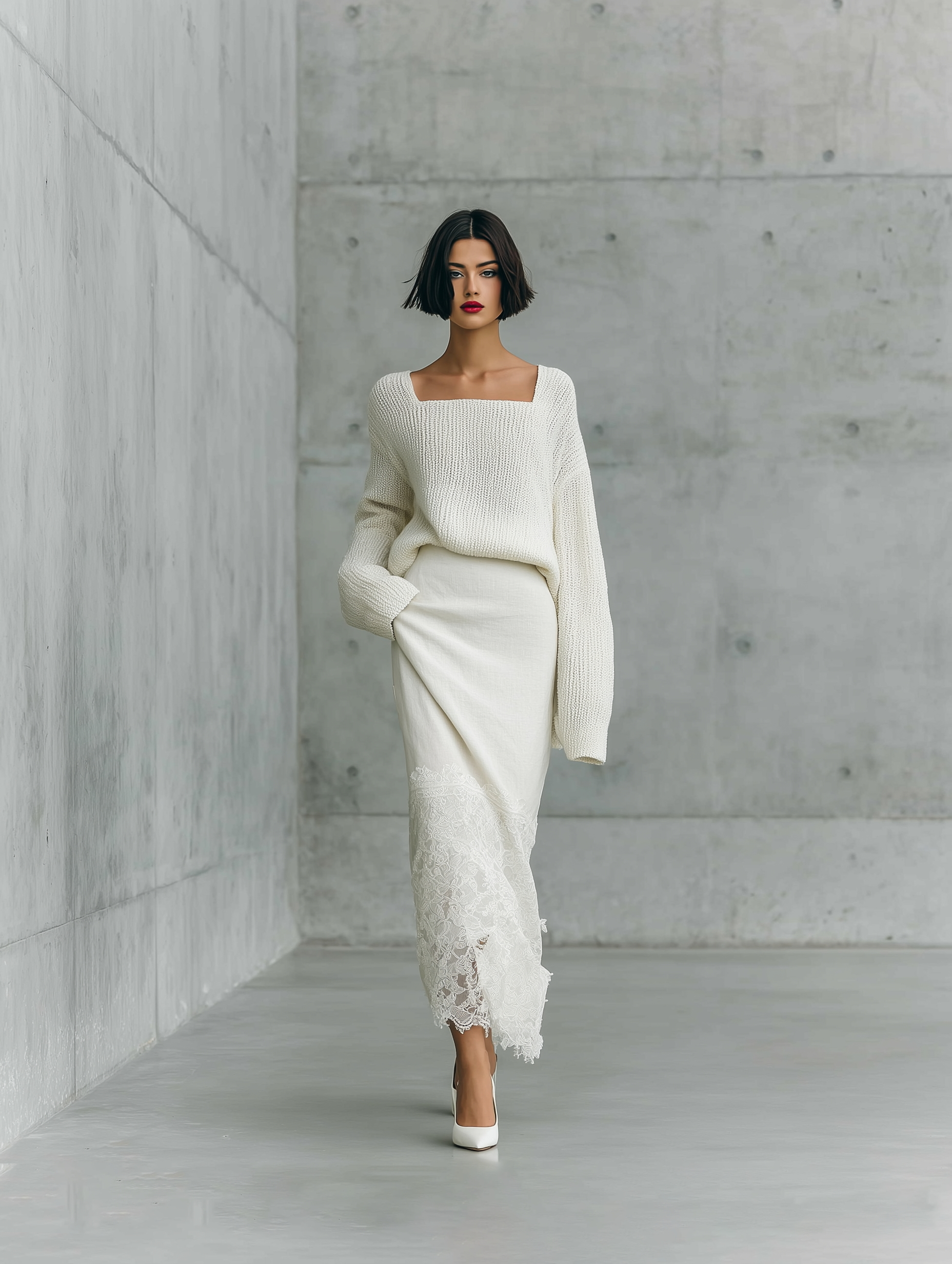 Women'S Elegant Off‑White Square Neck Oversized Knit Sweater & Lace Hem Cotton Blend Maxi Skirt Two‑Piece Set MDZ2968G3YZJ