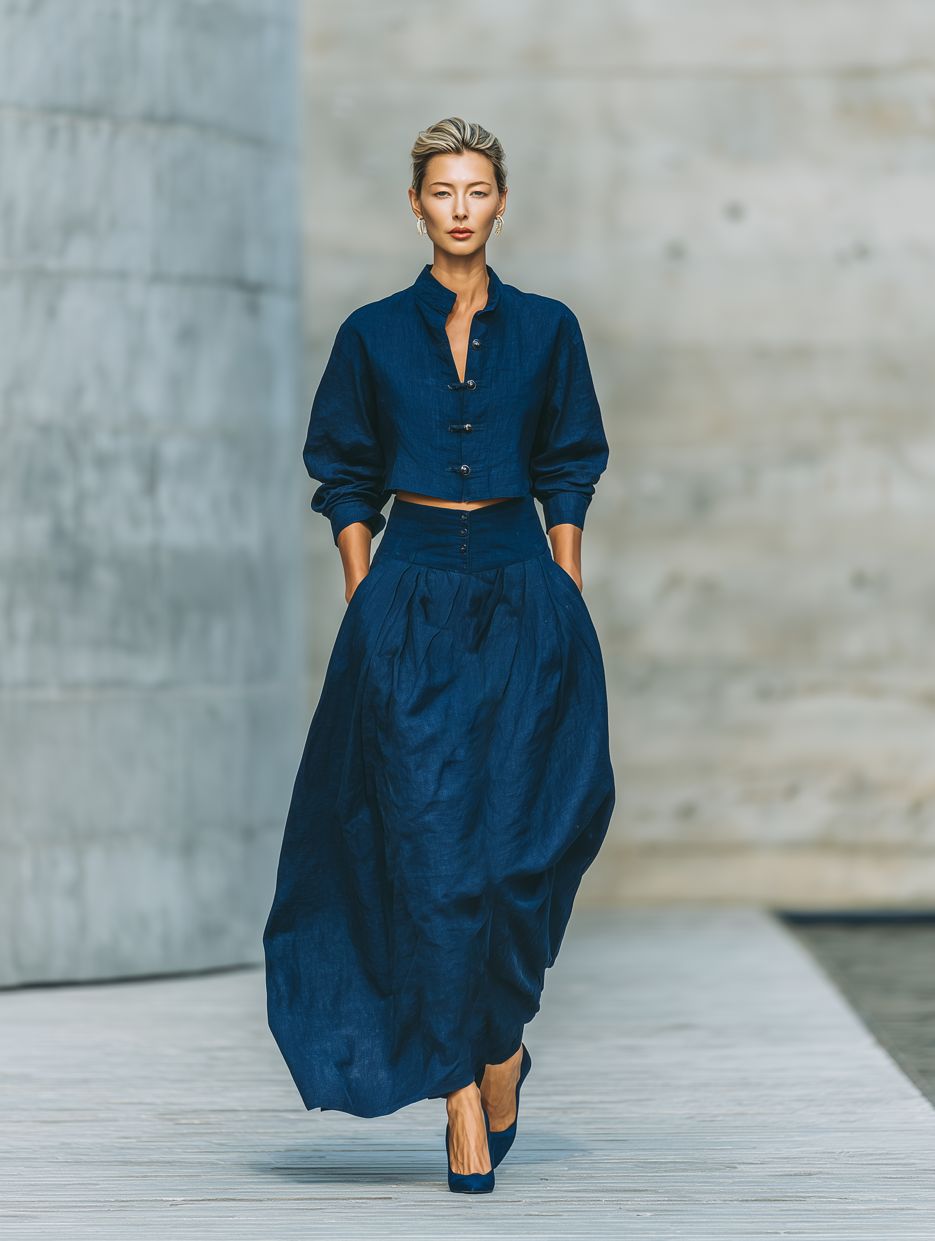 Women'S Vintage Navy Cotton-linen Blend Mandarin Collar Cropped Shirt & High Waist Pleated Maxi Skirt Two‑Piece Outfit MDZ2942G7YZJ