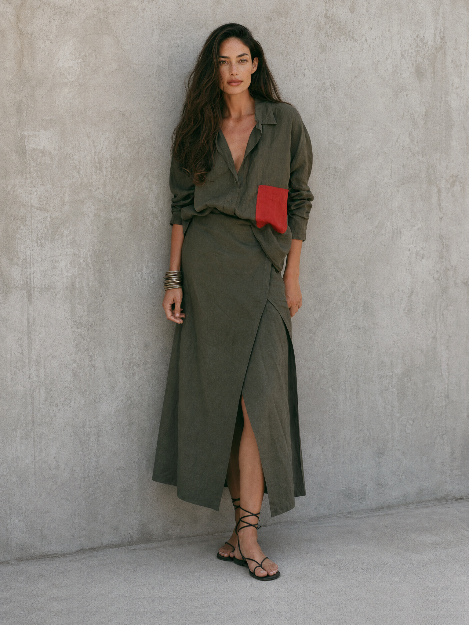 Women'S Casual Army‑Green Cotton-linen Blend Loose Button‑Down Top Red Contrast Pocket Wrap Midi Skirt Outfit MDZ2924G9YZJ