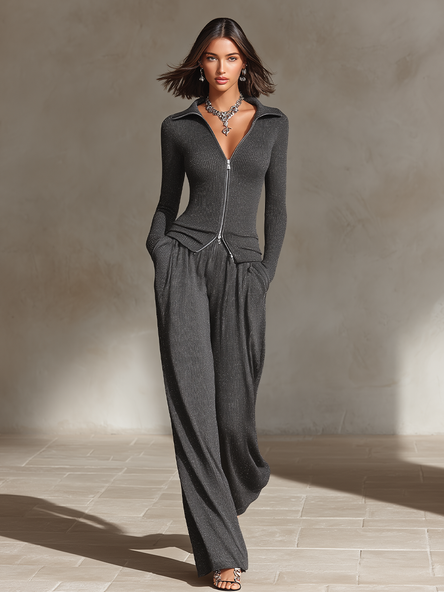 Women's Dark Gray Sparkle Ribbed Knit Slim Fit Long Sleeve Two Piece Outfit Set MDZ2938G9LYL