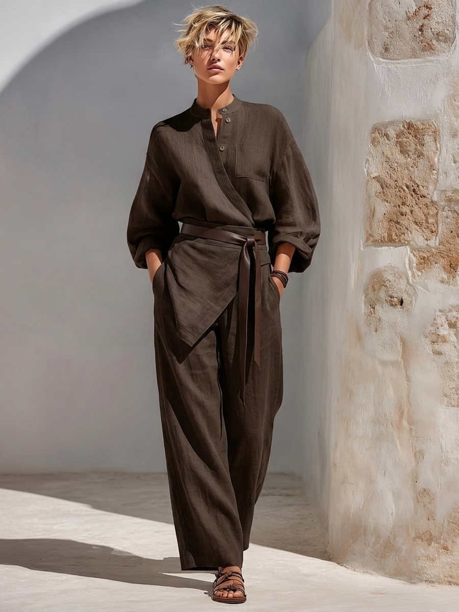 Women's Dark Brown Linen Blend Minimalist Wrap Top & Wide Leg Pants Set MDZ2991G5LYL