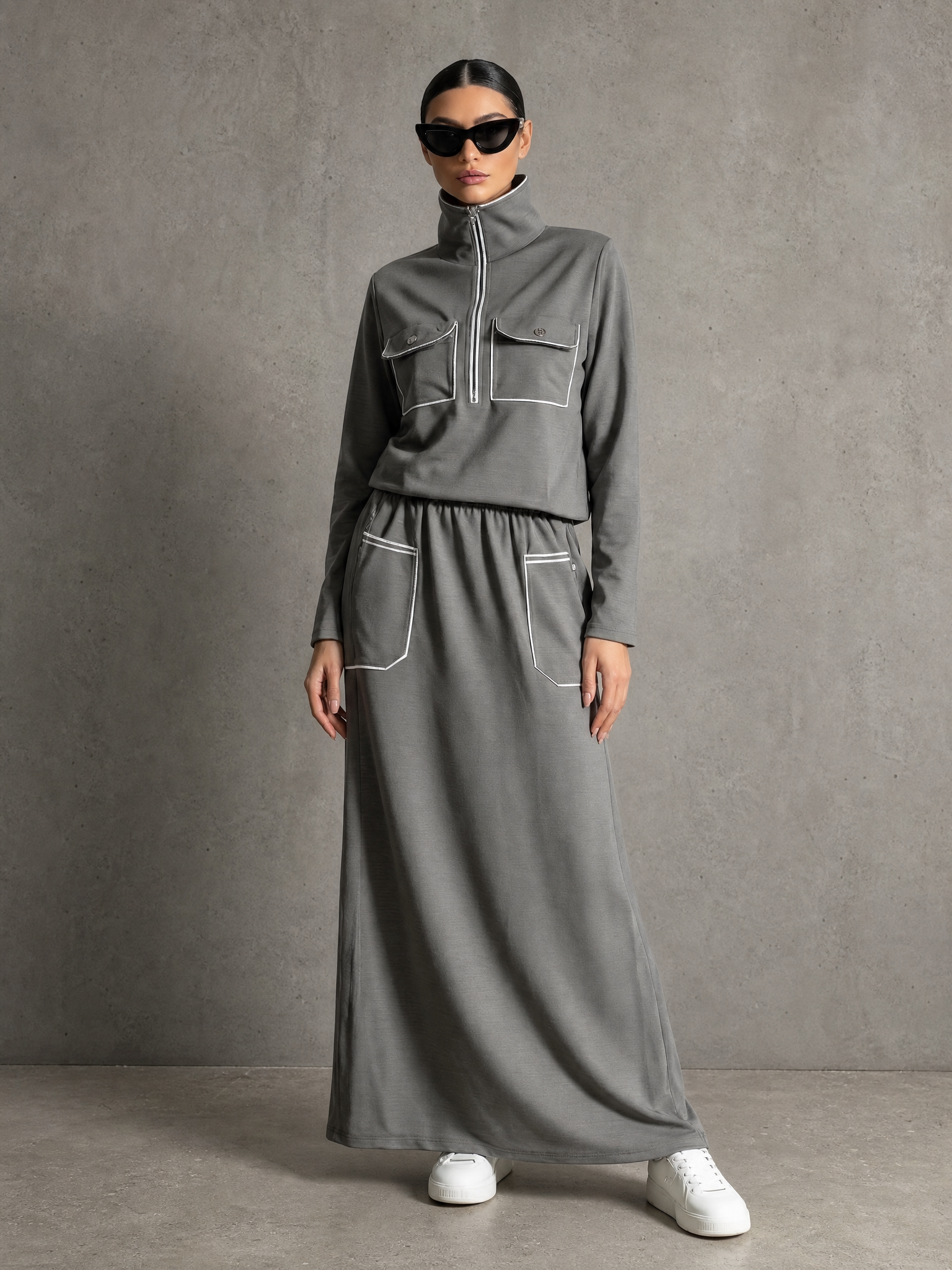 Women'S Casual Gray Knit Half‑Zip Stand Collar Top & White Piping Pocket Maxi Skirt Two‑Piece Set MDZ2920G5YZJ