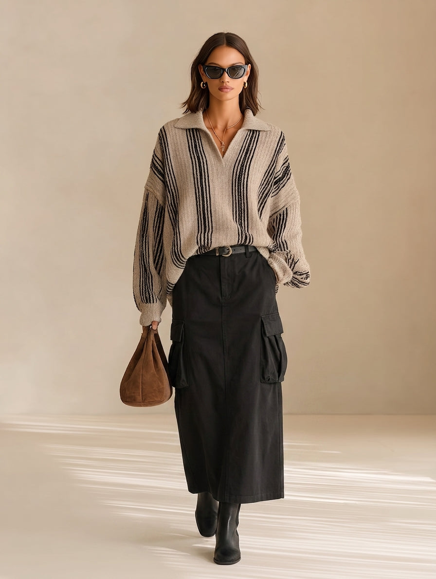 Women'S Casual Beige Black Vertical‑Stripe Knit Oversized Collared V‑Neck Pullover Sweater MDZ2935G2YZJ