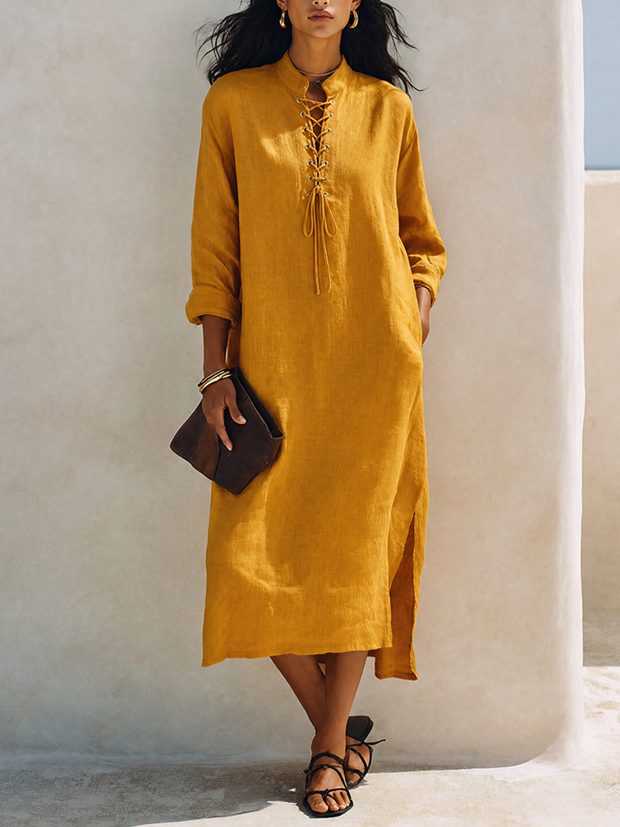 Women's Mustard Yellow Linen-Blend Midi Dress With Mandarin Collar And Tie-Front Detail MDZ2954G1ZRK