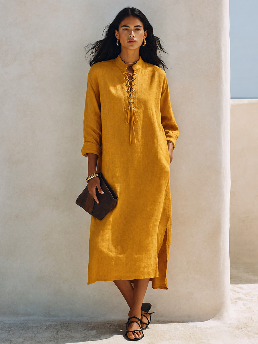 Women's Mustard Yellow Linen-Blend Midi Dress With Mandarin Collar And Tie-Front Detail MDZ2954G1ZRK