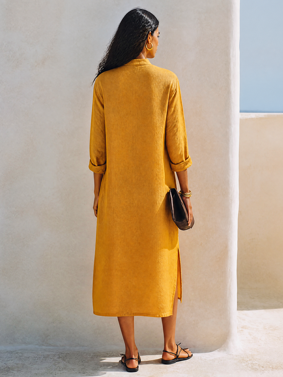 Women's Mustard Yellow Linen-Blend Midi Dress With Mandarin Collar And Tie-Front Detail MDZ2954G1ZRK