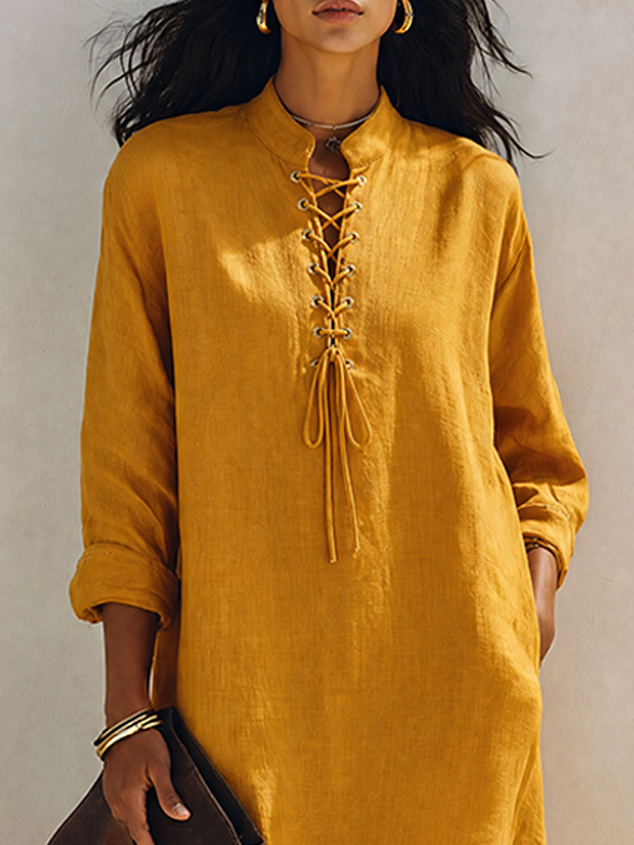 Women's Mustard Yellow Linen-Blend Midi Dress With Mandarin Collar And Tie-Front Detail MDZ2954G1ZRK