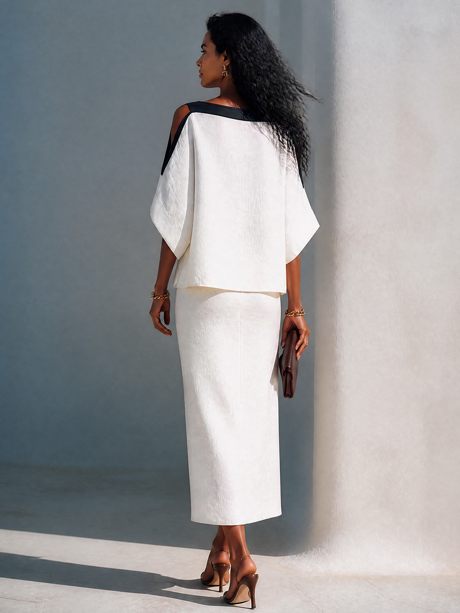 Women's Linen-Blend Batwing-Sleeve Top And Midi Skirt Two-Piece Set MDZ2993G0ZRK
