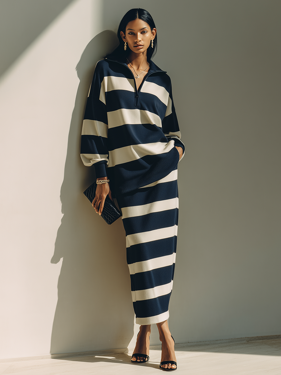 Women's Color-Block Striped Cotton-Blend Half-Zip Top & Midi Skirt Two-Piece Set MDZ2903G5ZRK