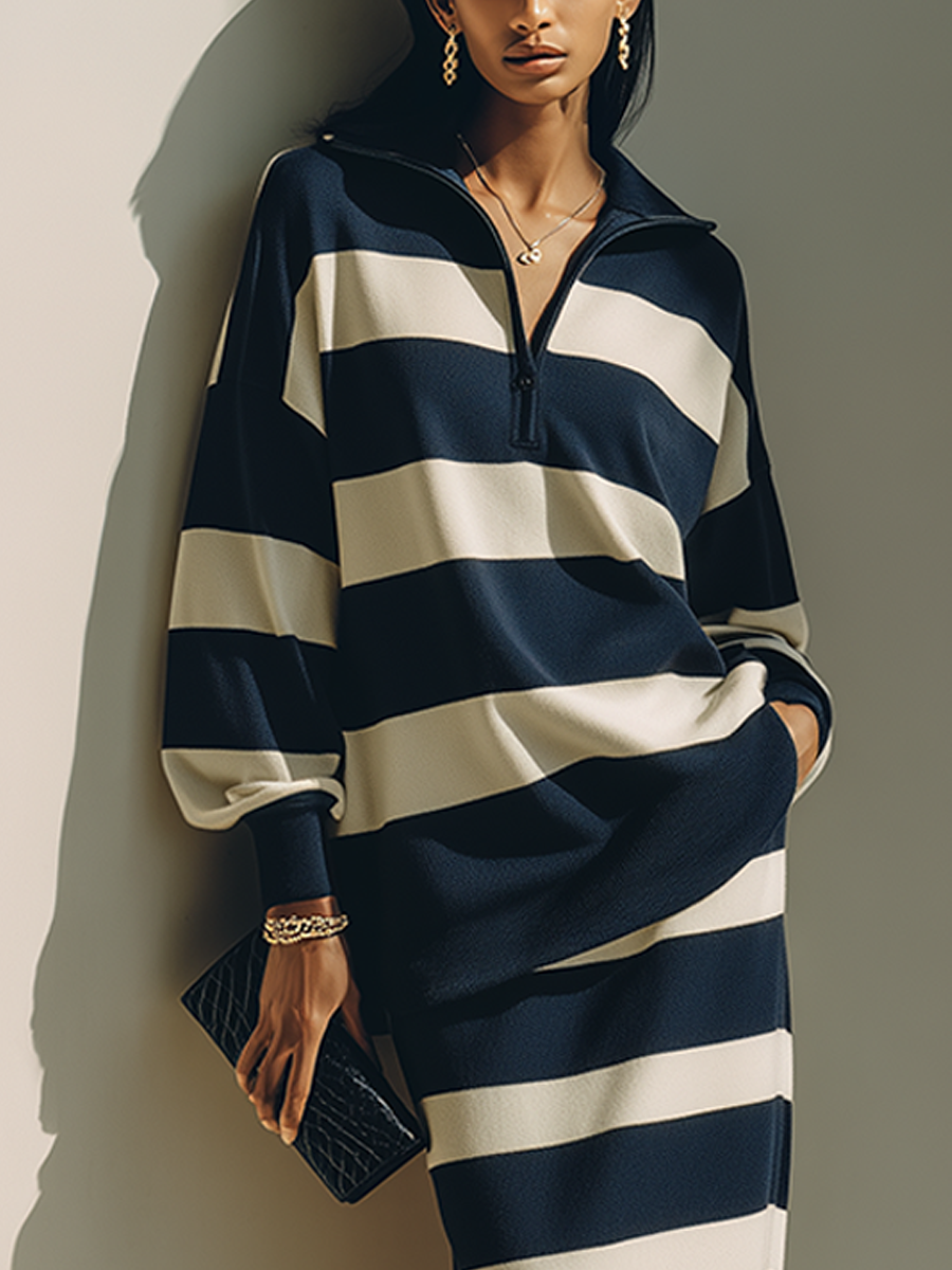 Women's Color-Block Striped Cotton-Blend Half-Zip Top & Midi Skirt Two-Piece Set MDZ2903G5ZRK