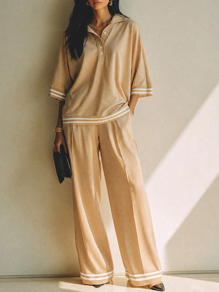 Women's Khaki Cotton-Blend Polo & Wide-Leg Trouser Two-Piece Set MDZ2988G8ZRK