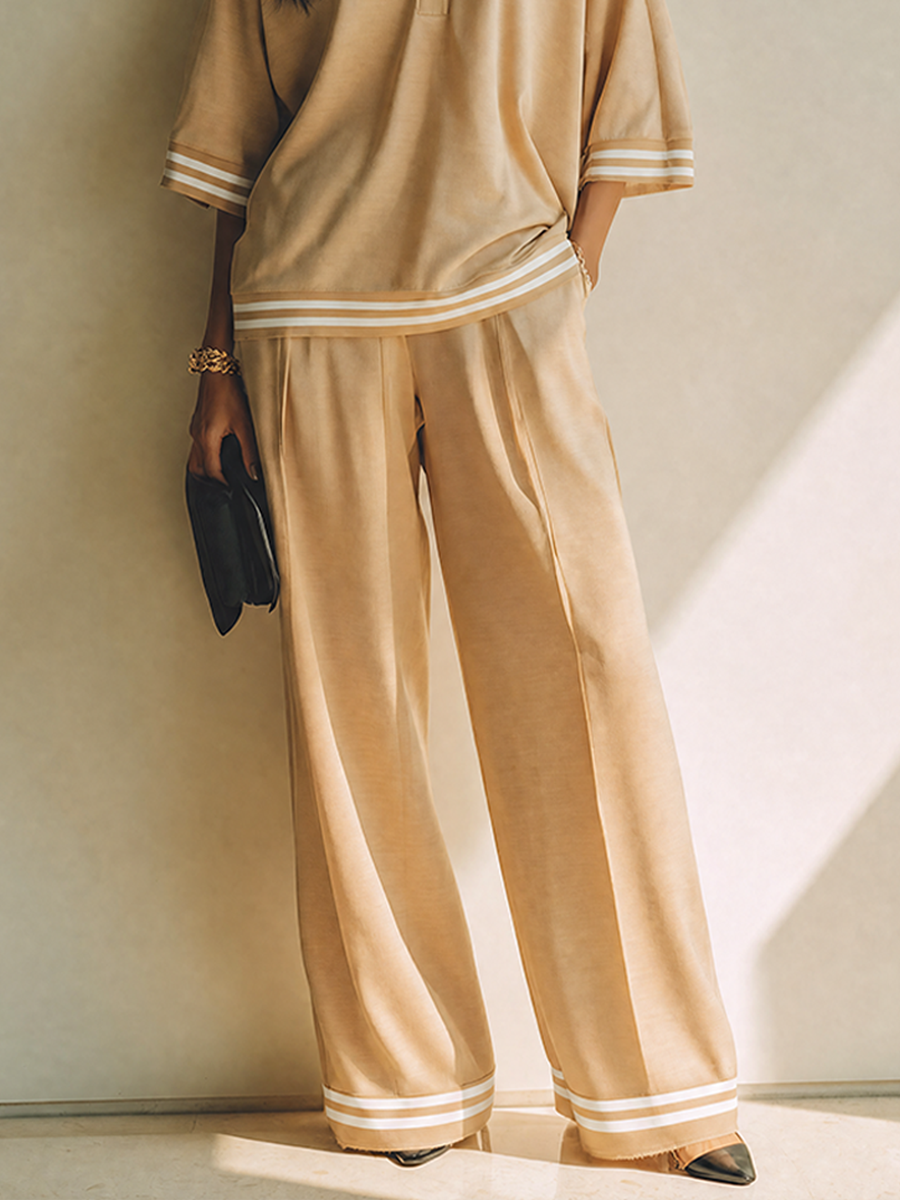 Women's Khaki Cotton-Blend Polo & Wide-Leg Trouser Two-Piece Set MDZ2988G8ZRK