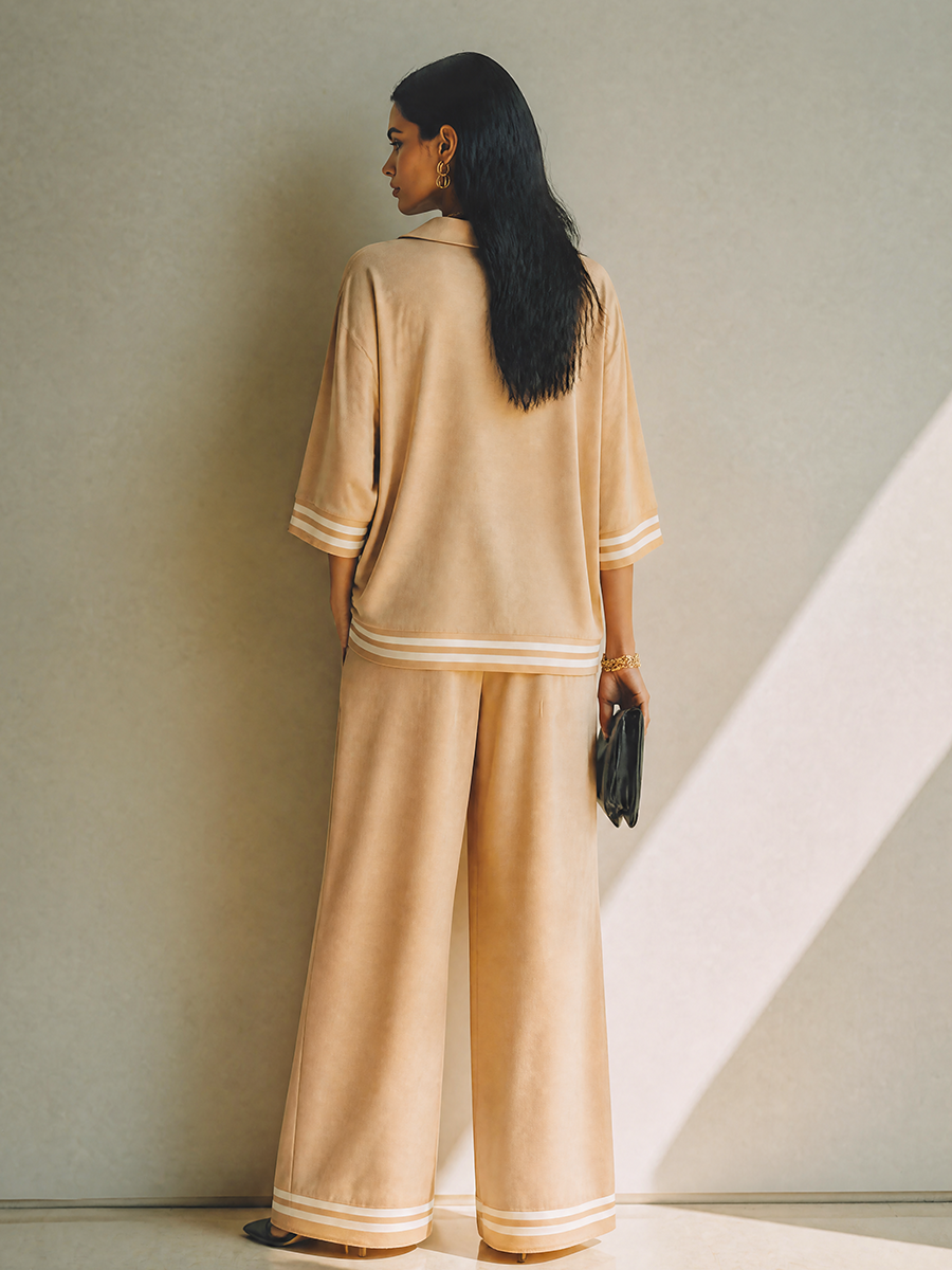 Women's Khaki Cotton-Blend Polo & Wide-Leg Trouser Two-Piece Set MDZ2988G8ZRK