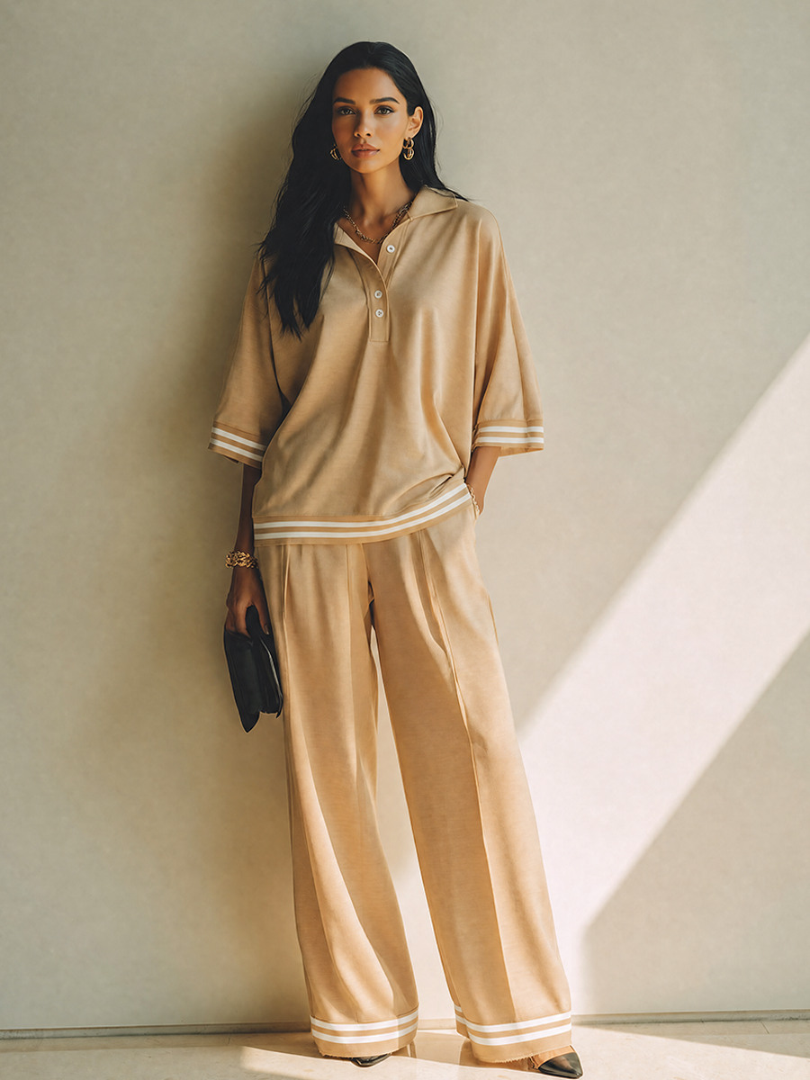 Women's Khaki Cotton-Blend Polo & Wide-Leg Trouser Two-Piece Set MDZ2988G8ZRK