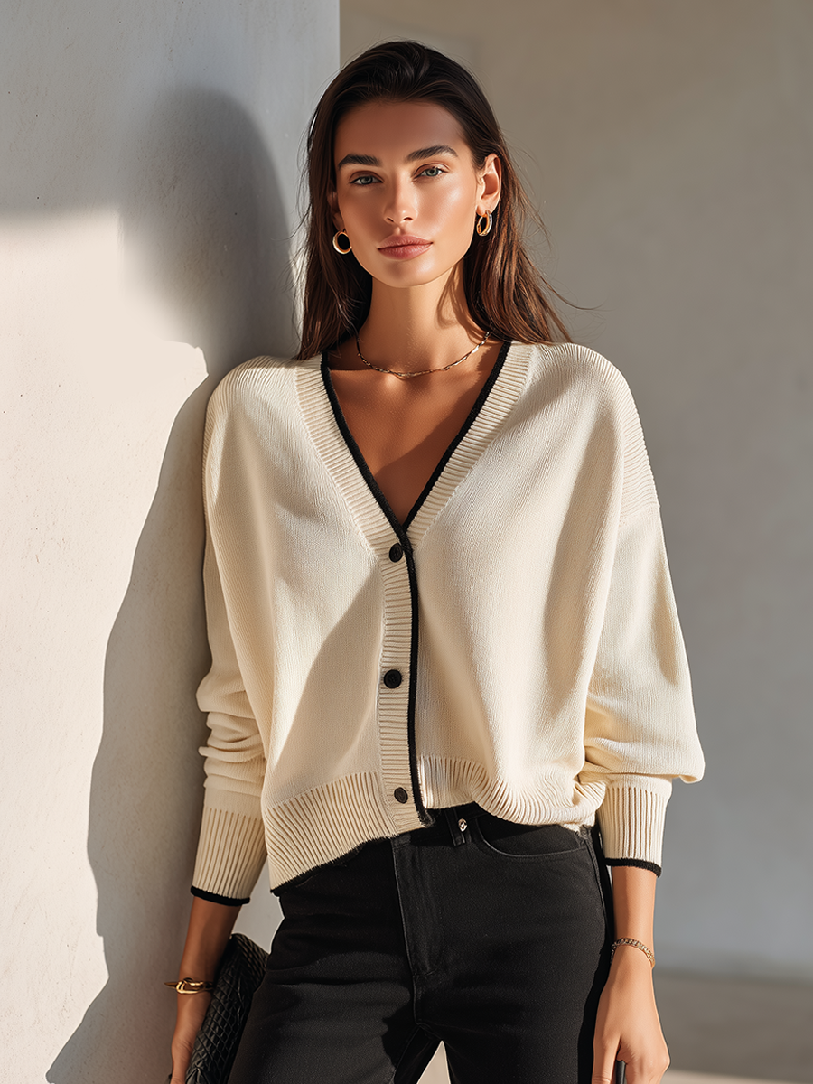 Women's V-Neck Knit Cardigan With Contrast Piping MDZ2932G5ZRK