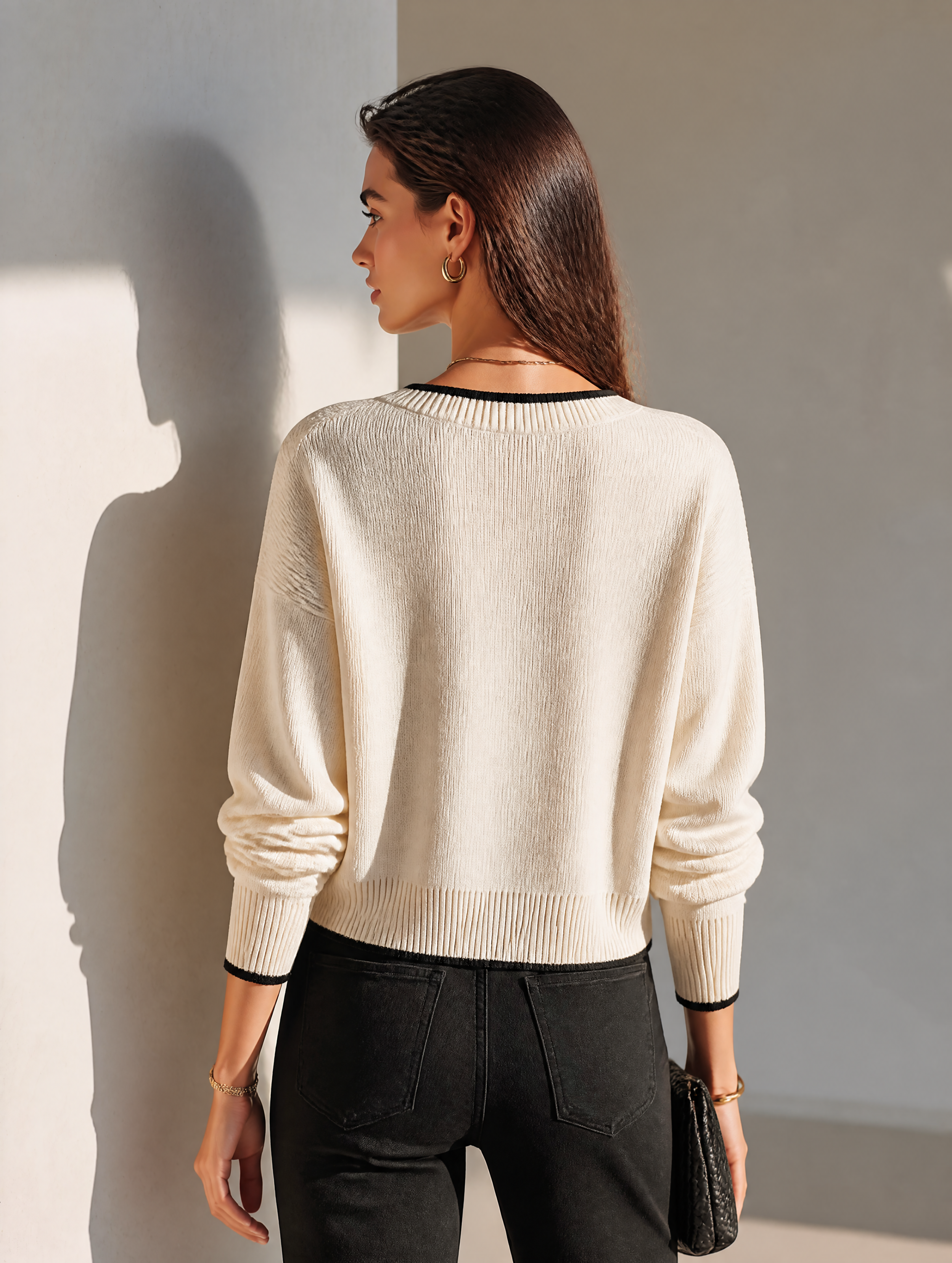 Women's V-Neck Knit Cardigan With Contrast Piping MDZ2932G5ZRK