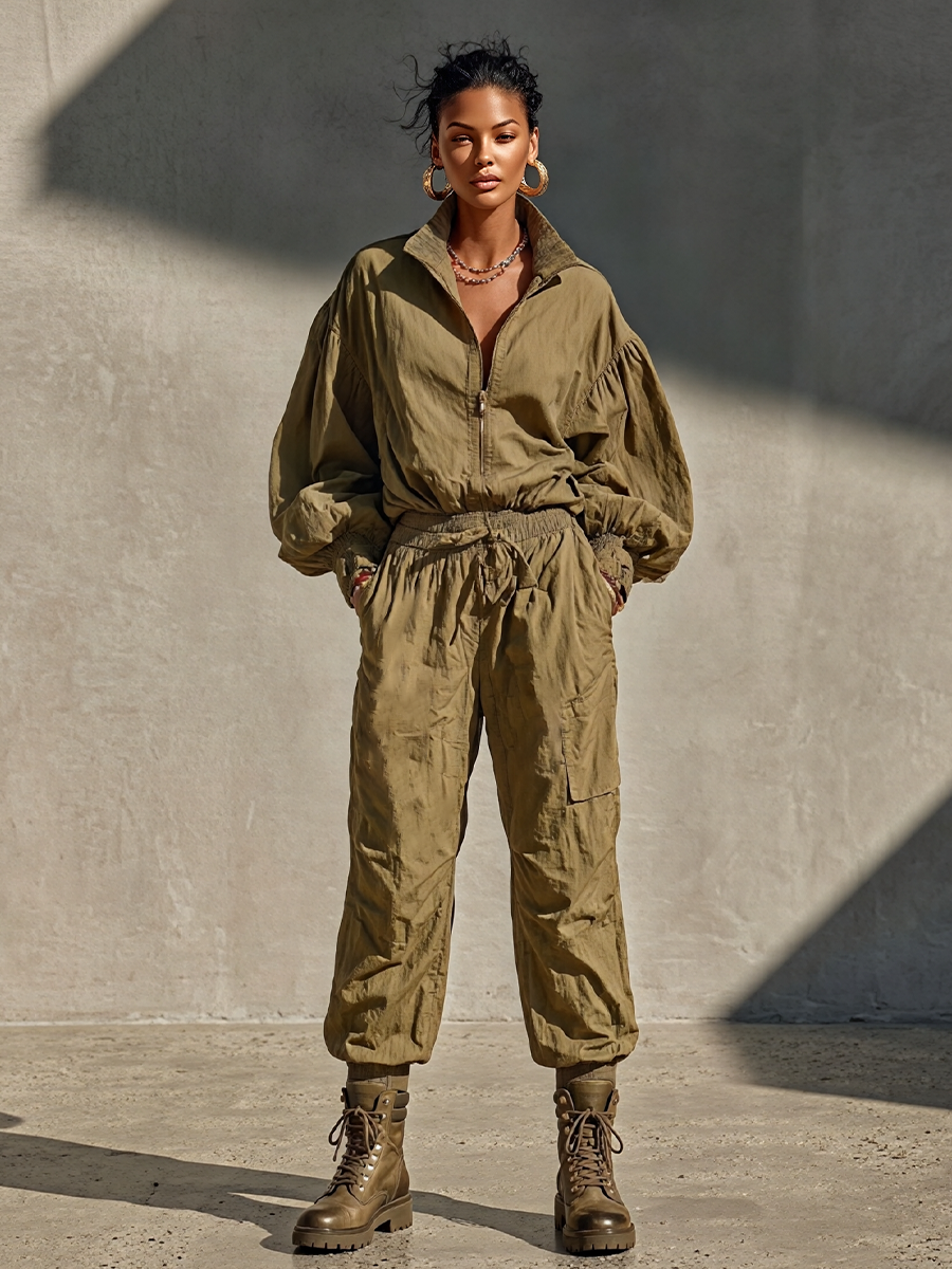 Women's Olive Cotton Blend Streetwear Half Zip Stand Collar Top & Cargo Jogger Pants Set MDZ2992G0LYL
