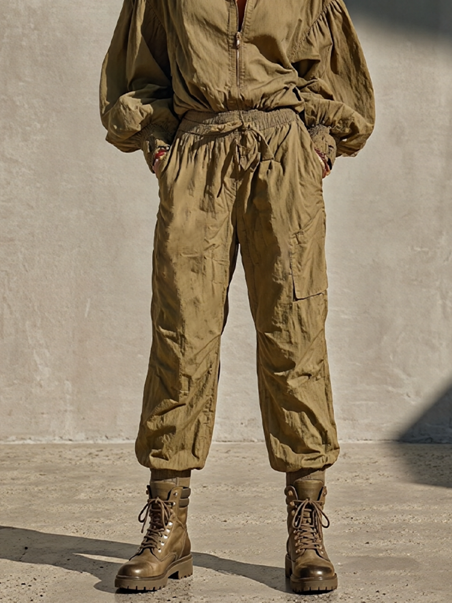 Women's Olive Cotton Blend Streetwear Half Zip Stand Collar Top & Cargo Jogger Pants Set MDZ2992G0LYL