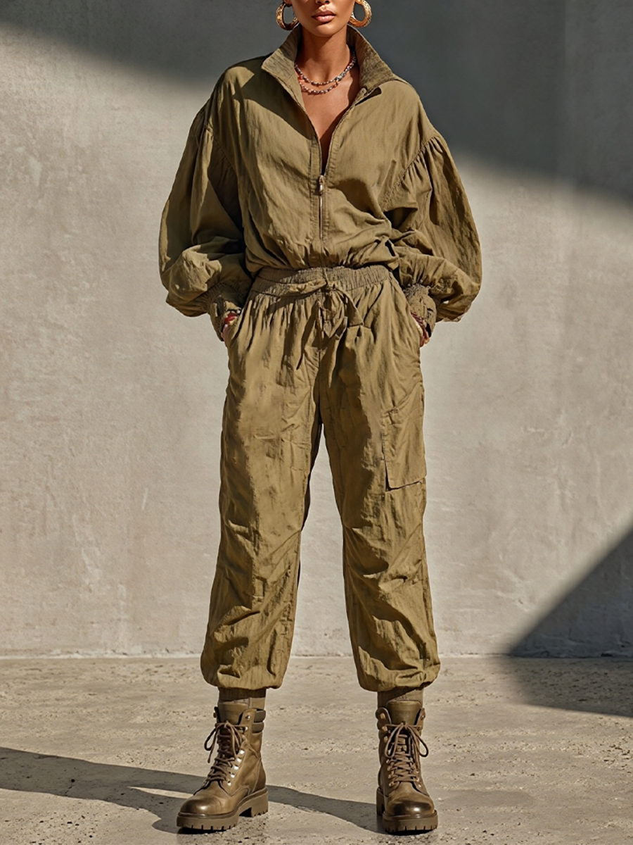 Women's Olive Cotton Blend Streetwear Half Zip Stand Collar Top & Cargo Jogger Pants Set MDZ2992G0LYL