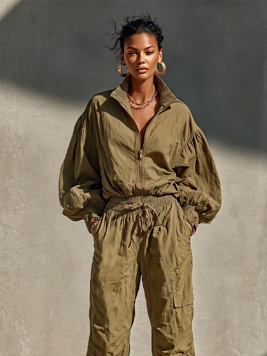 Women's Olive Cotton Blend Streetwear Half Zip Stand Collar Top & Cargo Jogger Pants Set MDZ2992G0LYL