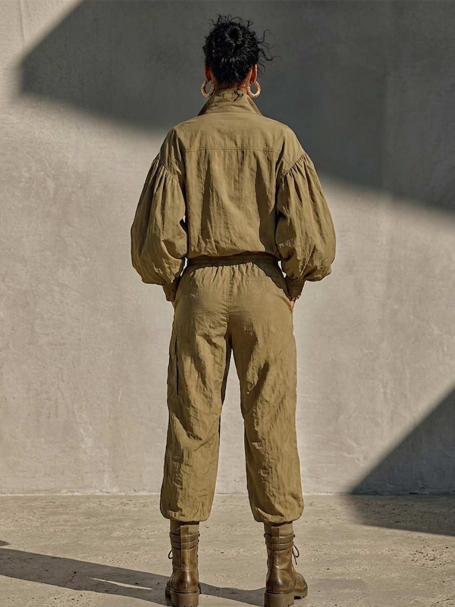 Women's Olive Cotton Blend Streetwear Half Zip Stand Collar Top & Cargo Jogger Pants Set MDZ2992G0LYL