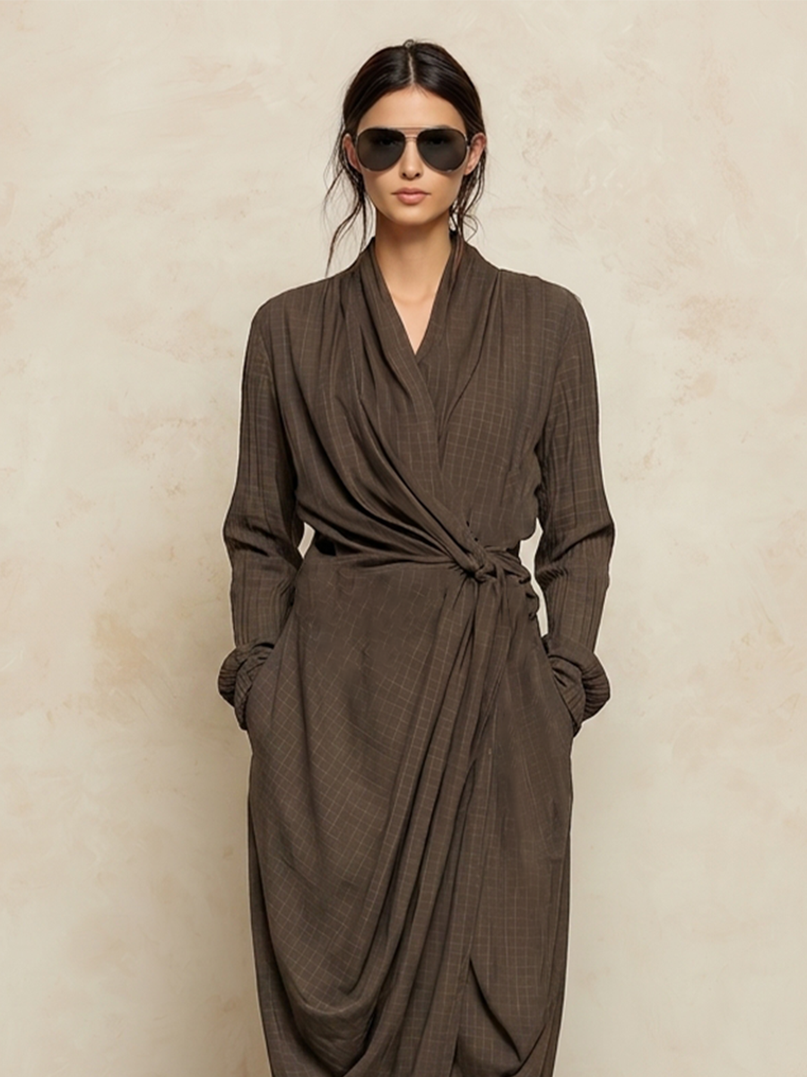 Women's Dark Brown Cotton Blend Minimalist Wrap Tie Waist Maxi Dress MDZ2998G5LYL