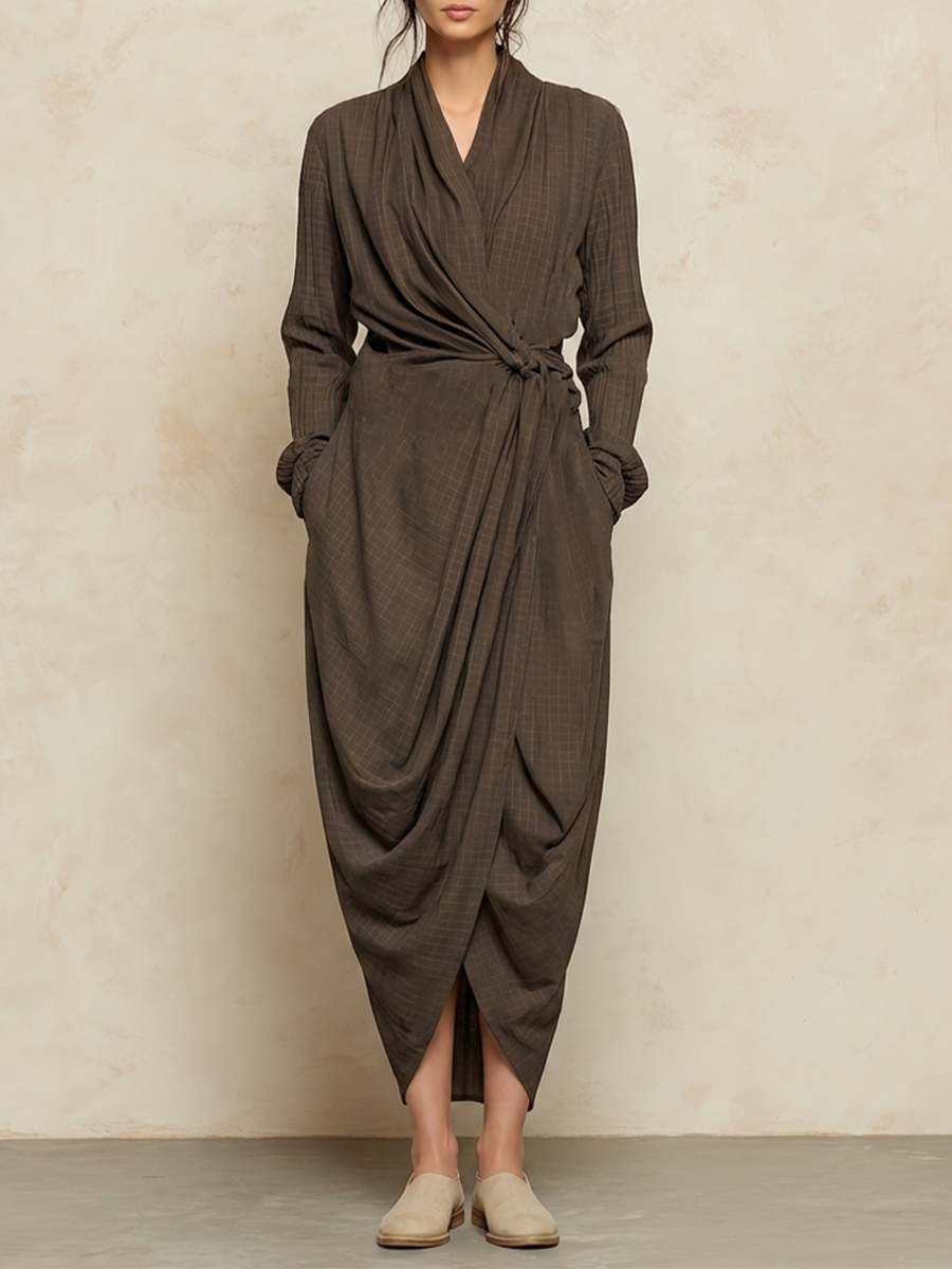 Women's Dark Brown Cotton Blend Minimalist Wrap Tie Waist Maxi Dress MDZ2998G5LYL