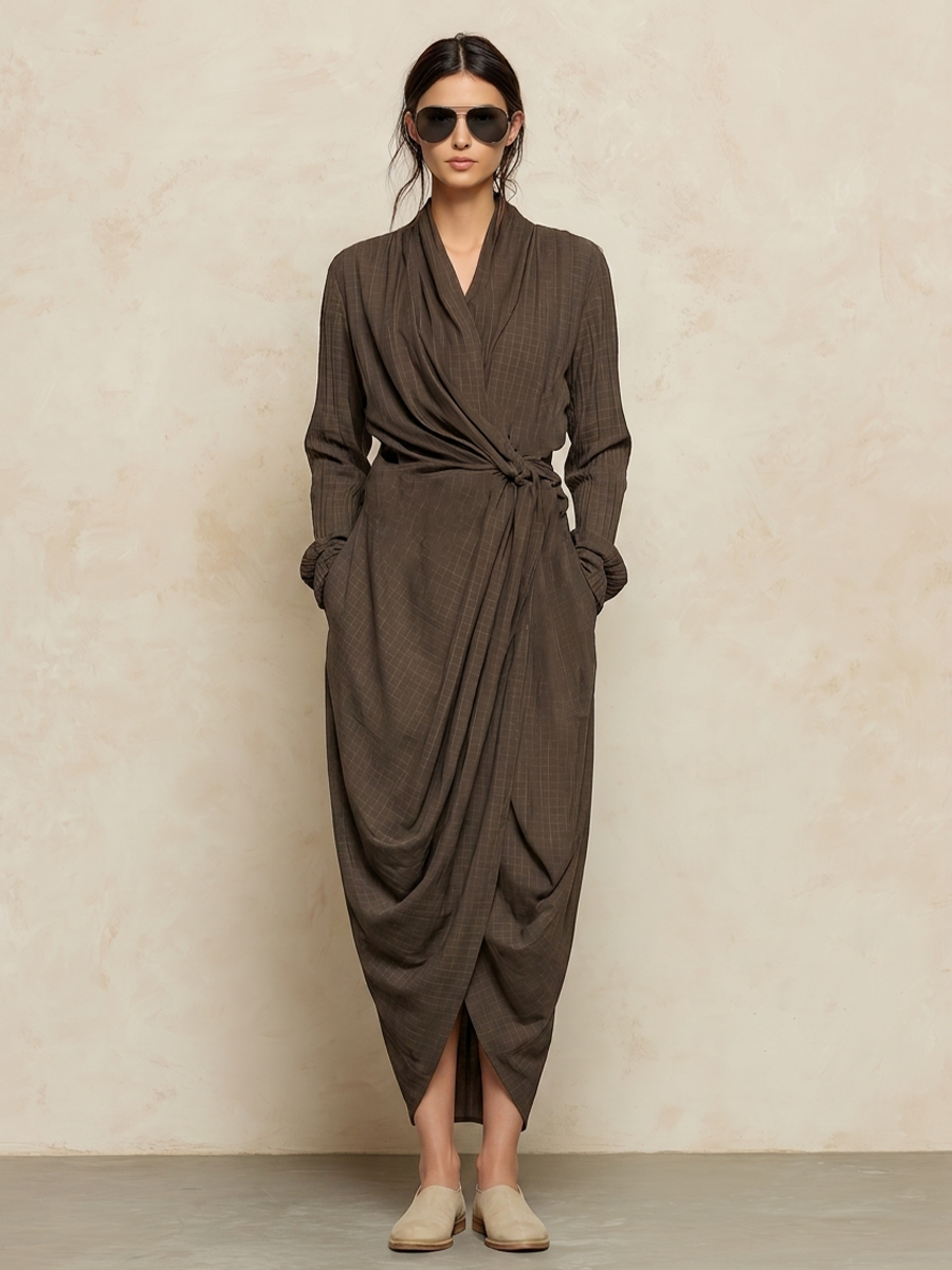 Women's Dark Brown Cotton Blend Minimalist Wrap Tie Waist Maxi Dress MDZ2998G5LYL