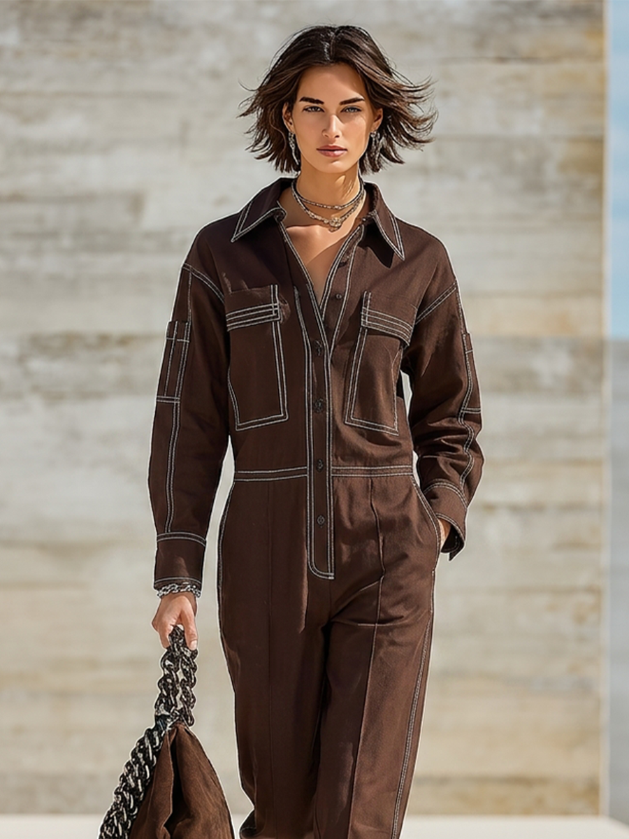 Women's Dark Brown Cotton Blend Minimalist Straight Leg Cuffed Hem Jumpsuit MDZ2972G8LYL