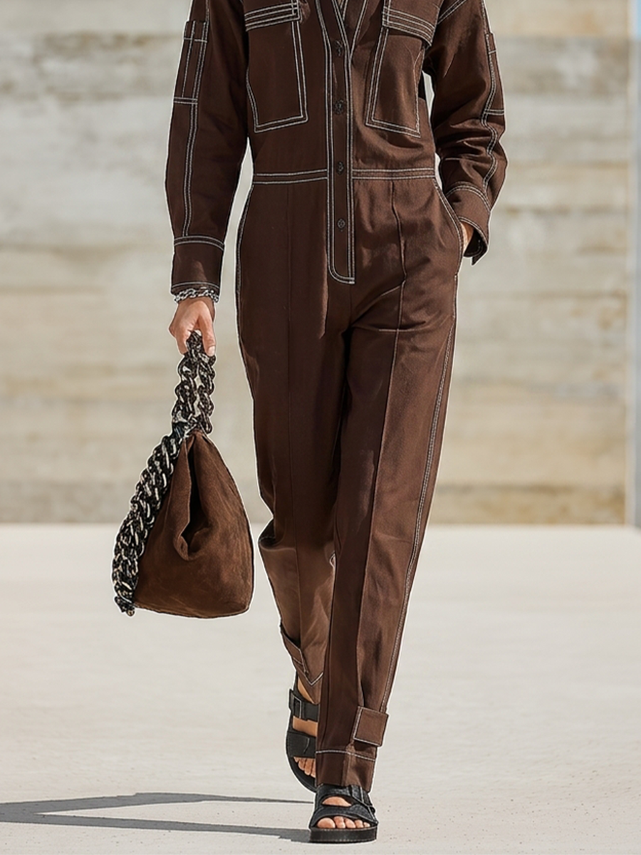 Women's Dark Brown Cotton Blend Minimalist Straight Leg Cuffed Hem Jumpsuit MDZ2972G8LYL