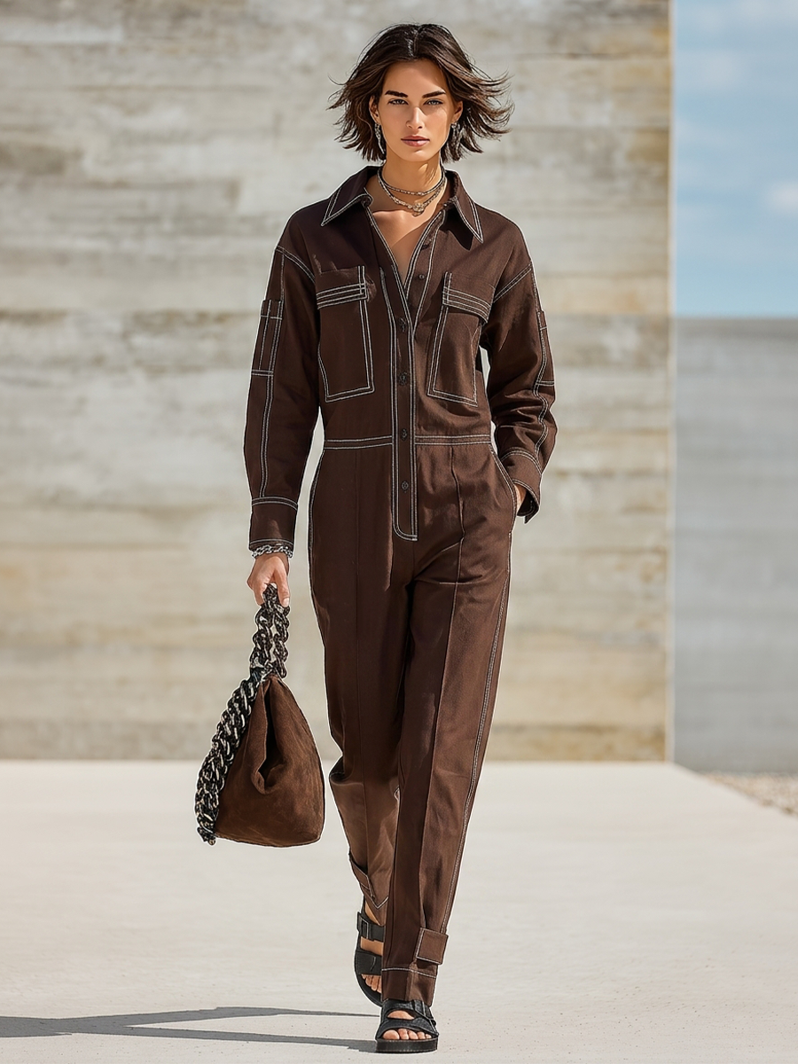 Women's Dark Brown Cotton Blend Minimalist Straight Leg Cuffed Hem Jumpsuit MDZ2972G8LYL