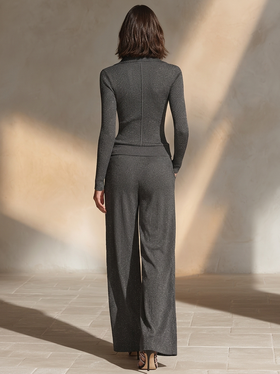 Women's Dark Gray Sparkle Ribbed Knit Slim Fit Long Sleeve Two Piece Outfit Set MDZ2938G9LYL