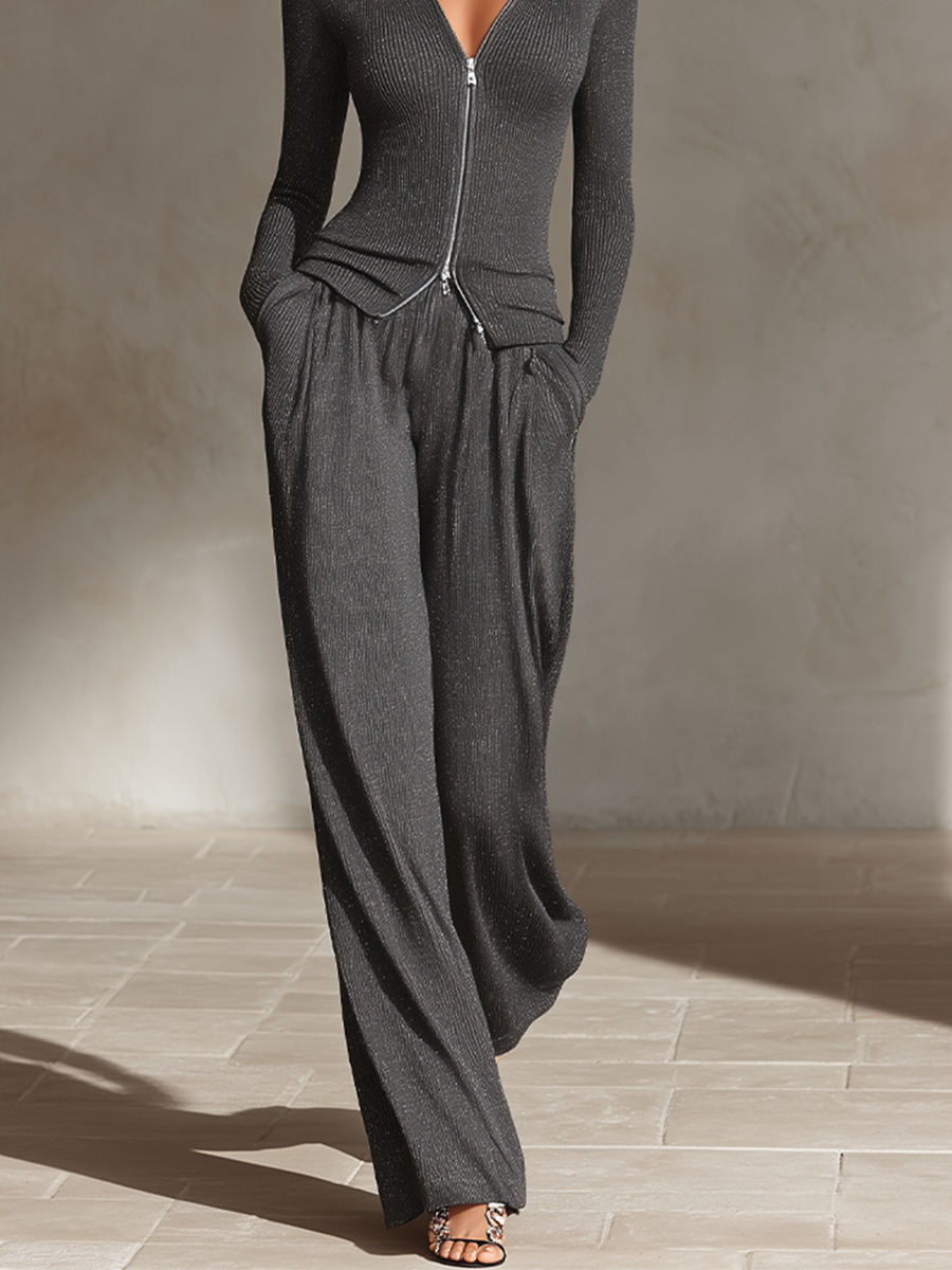 Women's Dark Gray Sparkle Ribbed Knit Slim Fit Long Sleeve Two Piece Outfit Set MDZ2938G9LYL