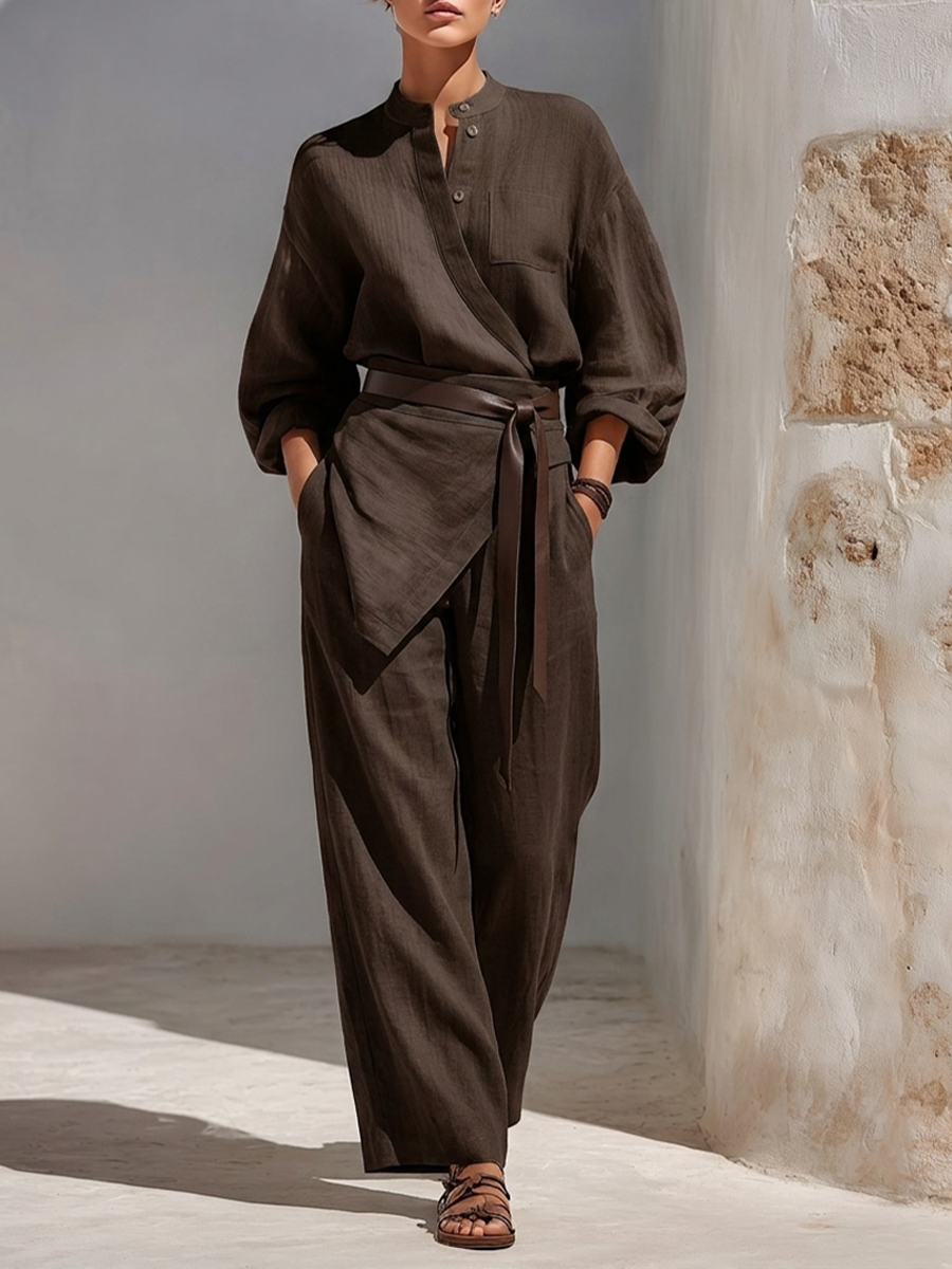 Women's Dark Brown Linen Blend Minimalist Wrap Top & Wide Leg Pants Set MDZ2991G5LYL