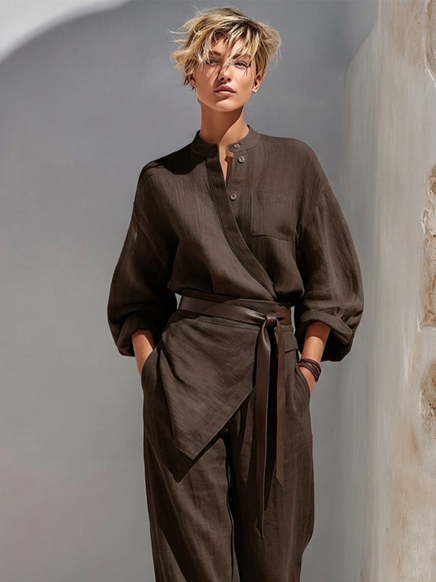 Women's Dark Brown Linen Blend Minimalist Wrap Top & Wide Leg Pants Set MDZ2991G5LYL
