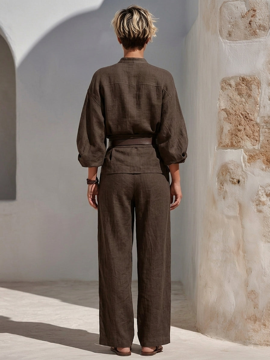 Women's Dark Brown Linen Blend Minimalist Wrap Top & Wide Leg Pants Set MDZ2991G5LYL