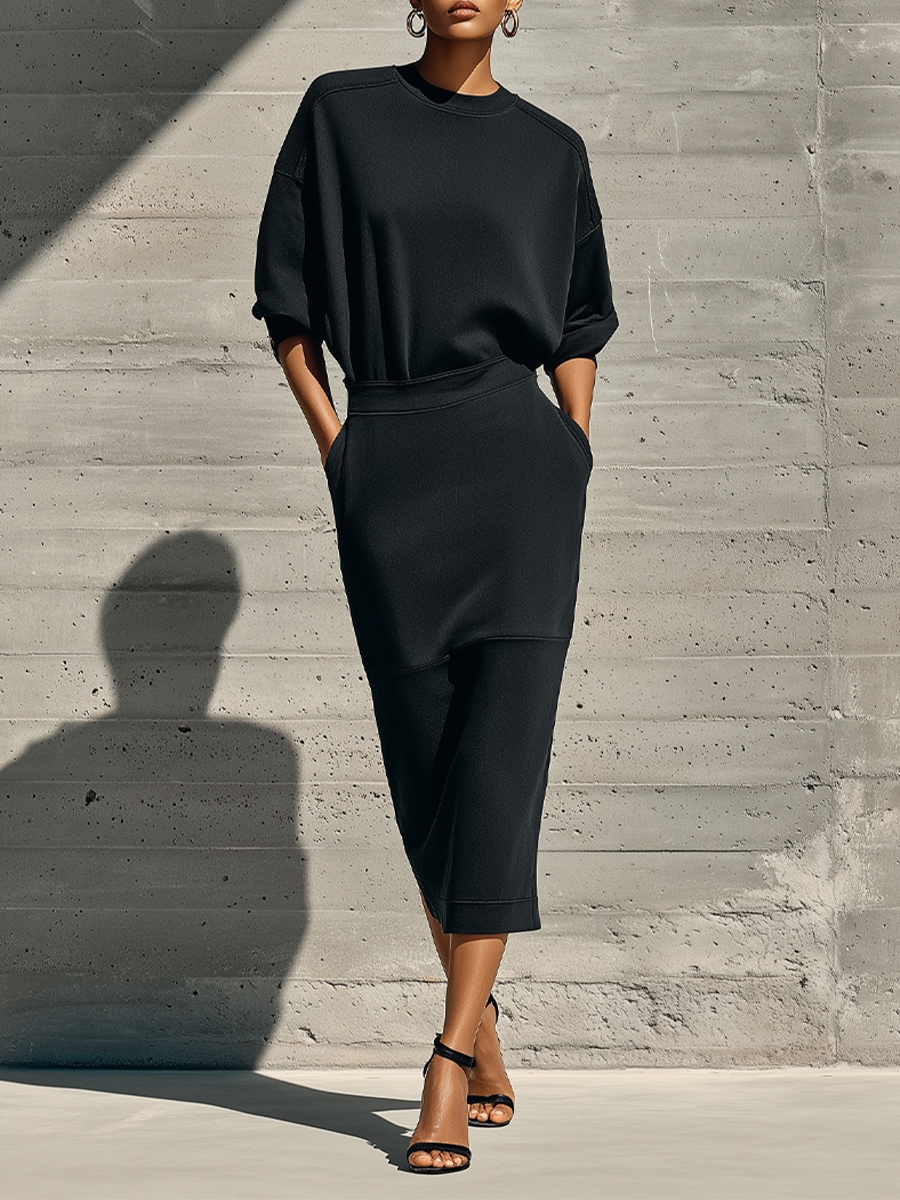 Women's Black Cotton Blend Casual Crew Neck Drop Shoulder Midi Dress MDZ2911G9LYL
