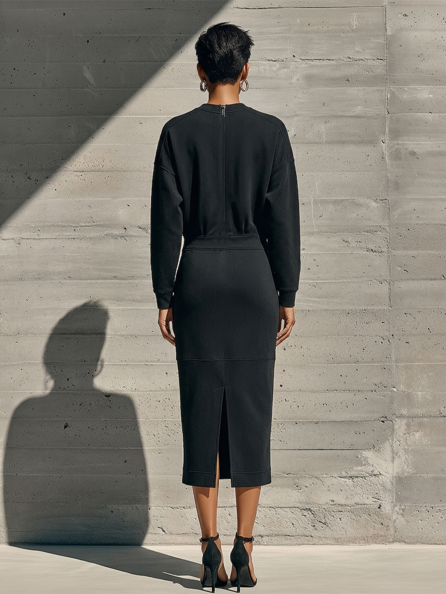 Women's Black Cotton Blend Casual Crew Neck Drop Shoulder Midi Dress MDZ2911G9LYL