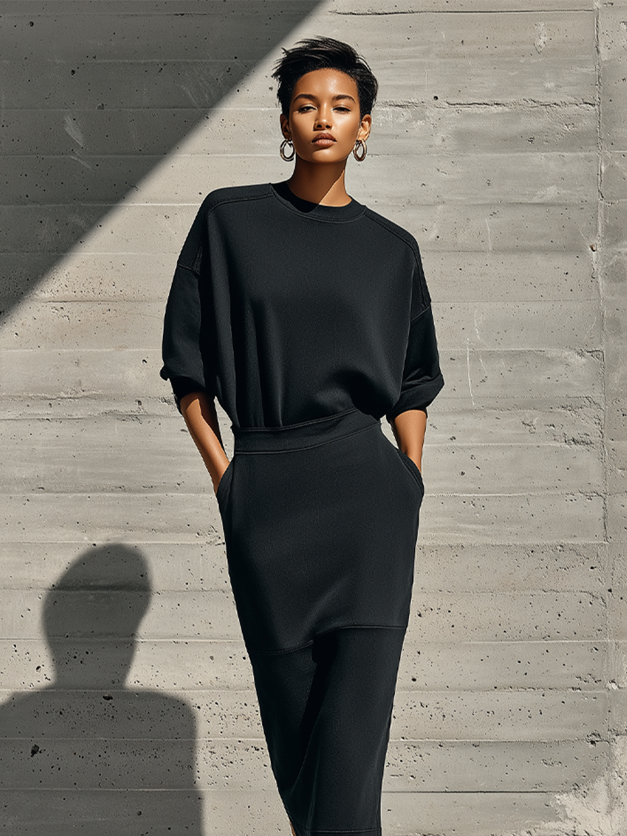 Women's Black Cotton Blend Casual Crew Neck Drop Shoulder Midi Dress MDZ2911G9LYL