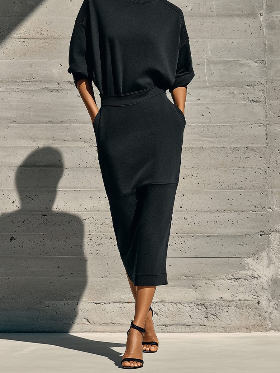 Women's Black Cotton Blend Casual Crew Neck Drop Shoulder Midi Dress MDZ2911G9LYL