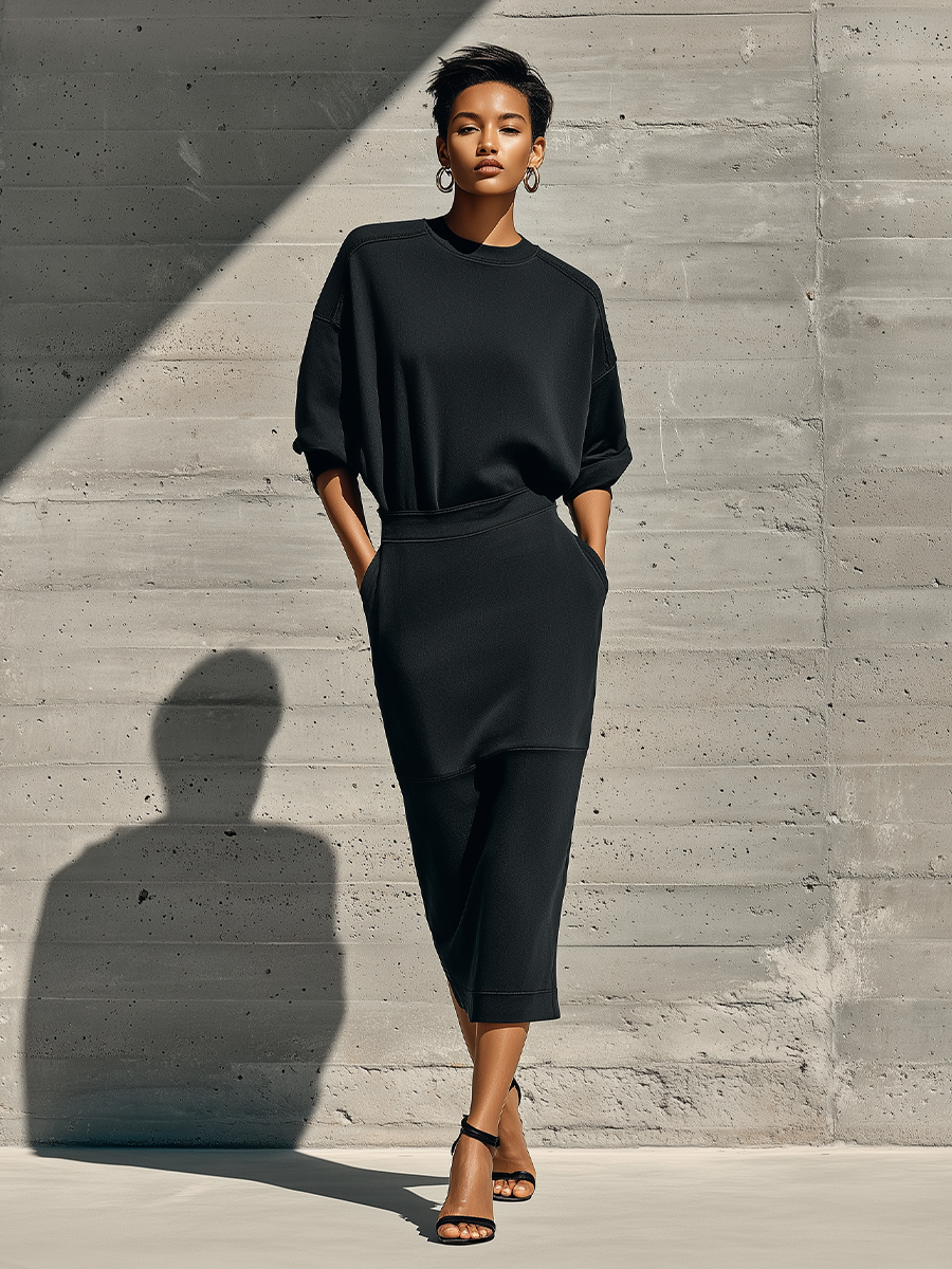 Women's Black Cotton Blend Casual Crew Neck Drop Shoulder Midi Dress MDZ2911G9LYL