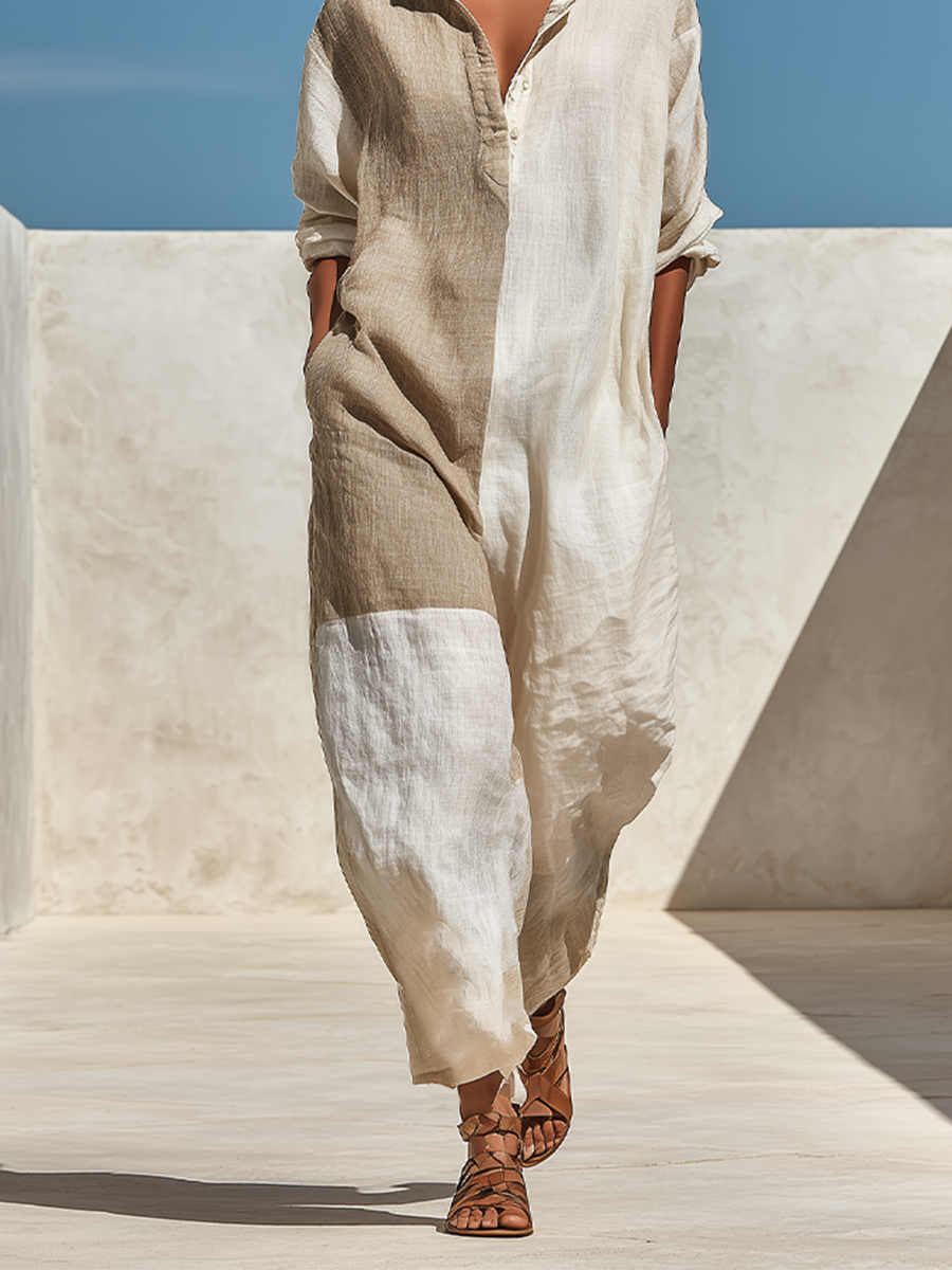 Women's Beige White Linen Blend Vacation Color Block Collared Jumpsuit MDZ2973G1LYL