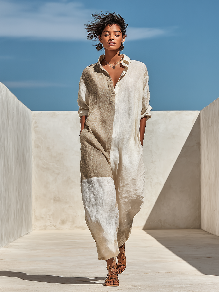 Women's Beige White Linen Blend Vacation Color Block Collared Jumpsuit MDZ2973G1LYL