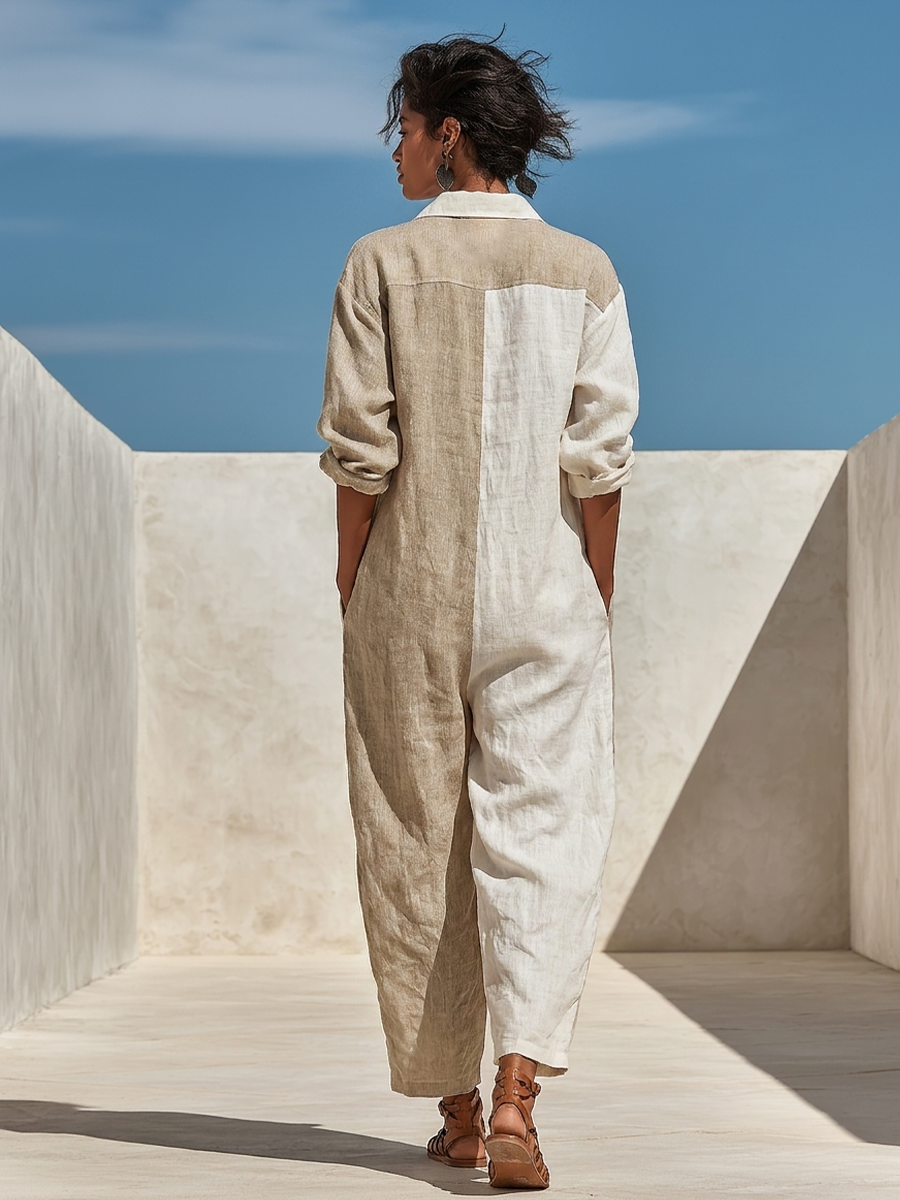 Women's Beige White Linen Blend Vacation Color Block Collared Jumpsuit MDZ2973G1LYL