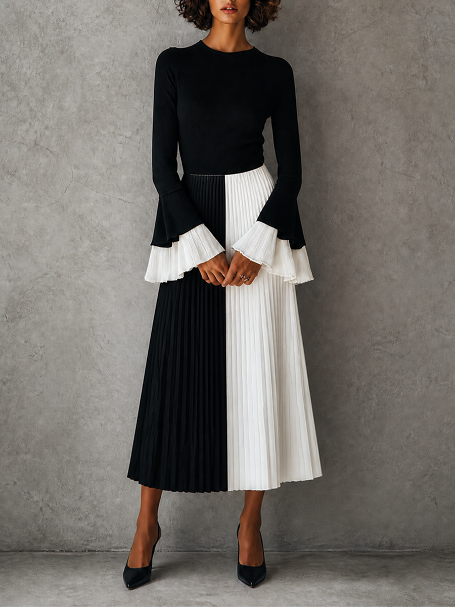 Women's Elegant Sophisticated Black Round-Neck Ruffle-Bell-Sleeve Black-and-White Colorblock Pleated Midi Dress MDZ2936G5CMX