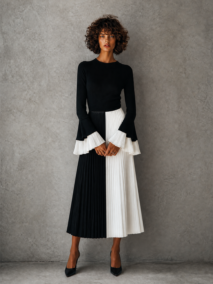 Women's Elegant Sophisticated Black Round-Neck Ruffle-Bell-Sleeve Black-and-White Colorblock Pleated Midi Dress MDZ2936G5CMX